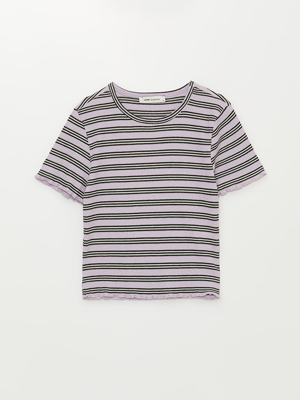 Әйелдерге арналған жолақты дөңгелек жағалы қысқа жең футболка-5