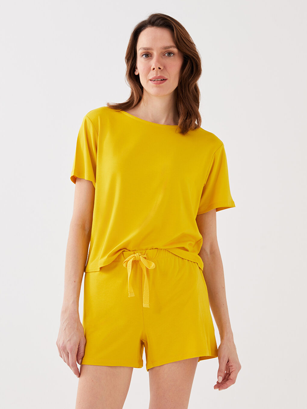 Sarı Petite Bisiklet Yaka Nakışlı Kısa Kollu Kadın Şortlu Pijama Takımı-2