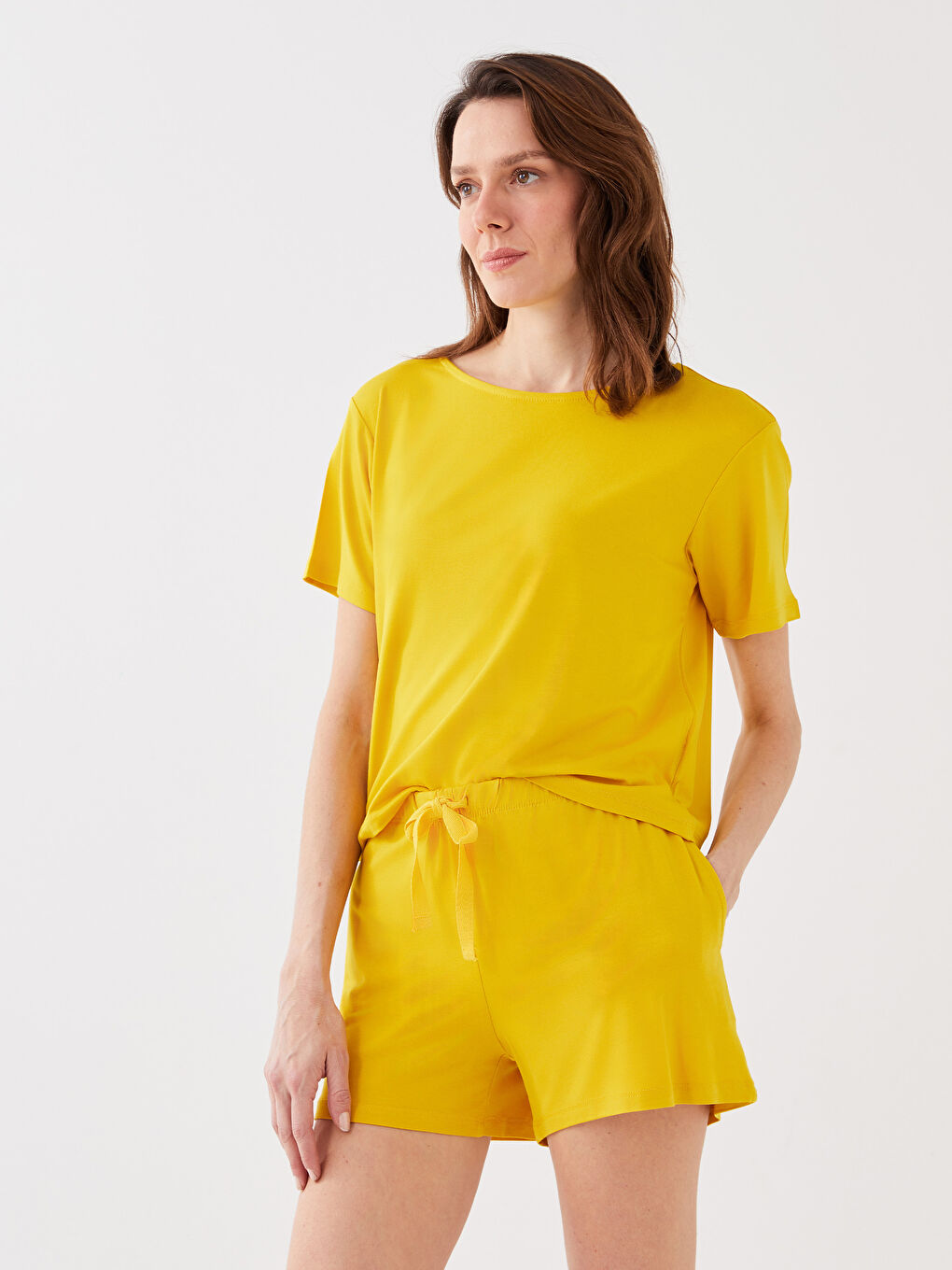 Sarı Petite Bisiklet Yaka Nakışlı Kısa Kollu Kadın Şortlu Pijama Takımı-3