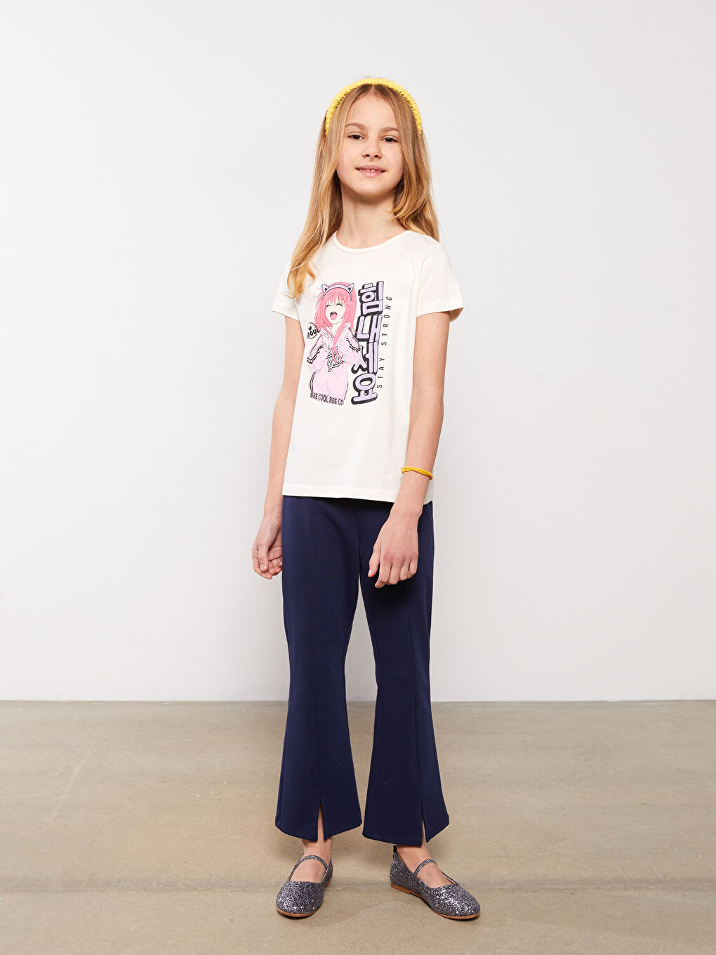 Lacivert Beli Lastikli Geniş Paça Kız Çocuk Tayt Pantolon-1