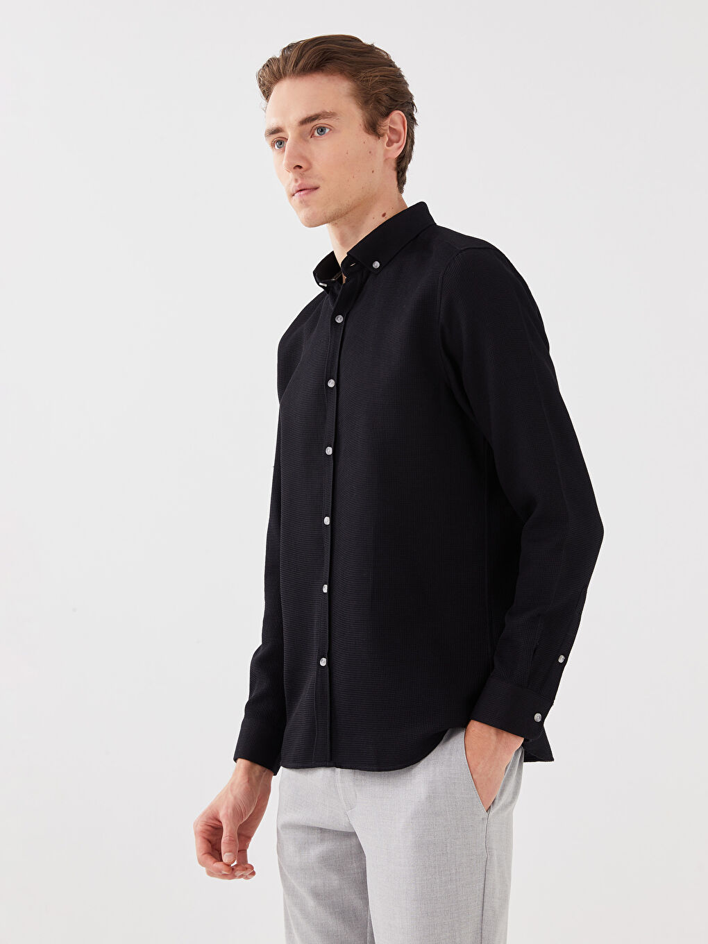 ерлерге арналған тар пішім ұзын жең добби матасы жейде