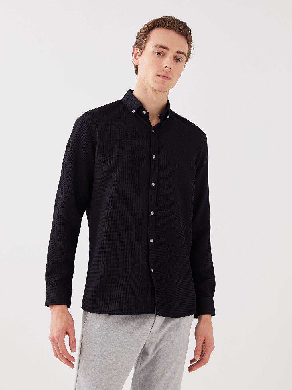 ерлерге арналған тар пішім ұзын жең добби матасы жейде-1