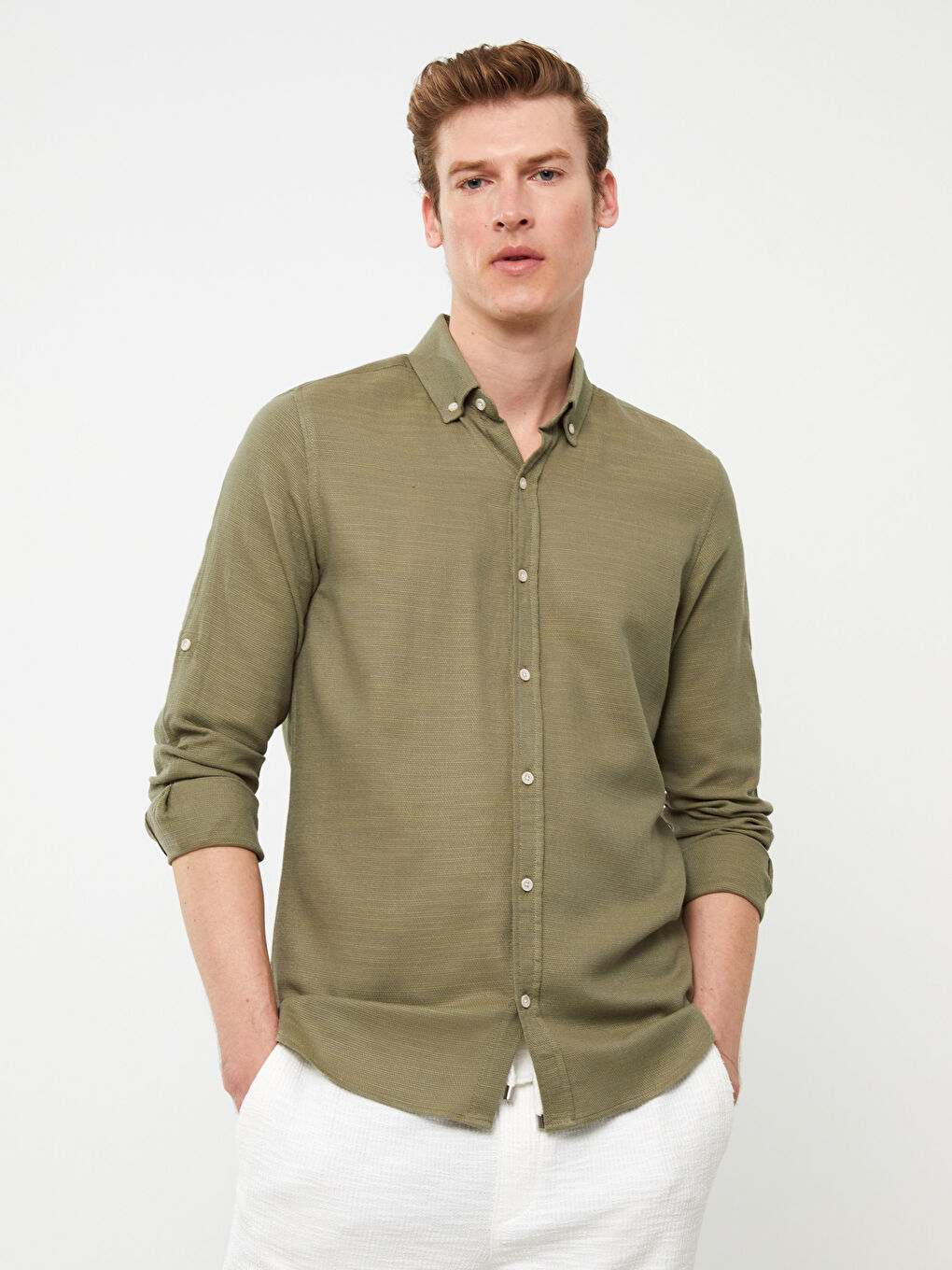 Haki Slim Fit Uzun Kollu Erkek Gömlek