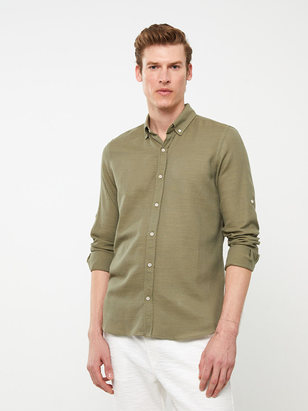 Haki Slim Fit Uzun Kollu Erkek Gömlek-1