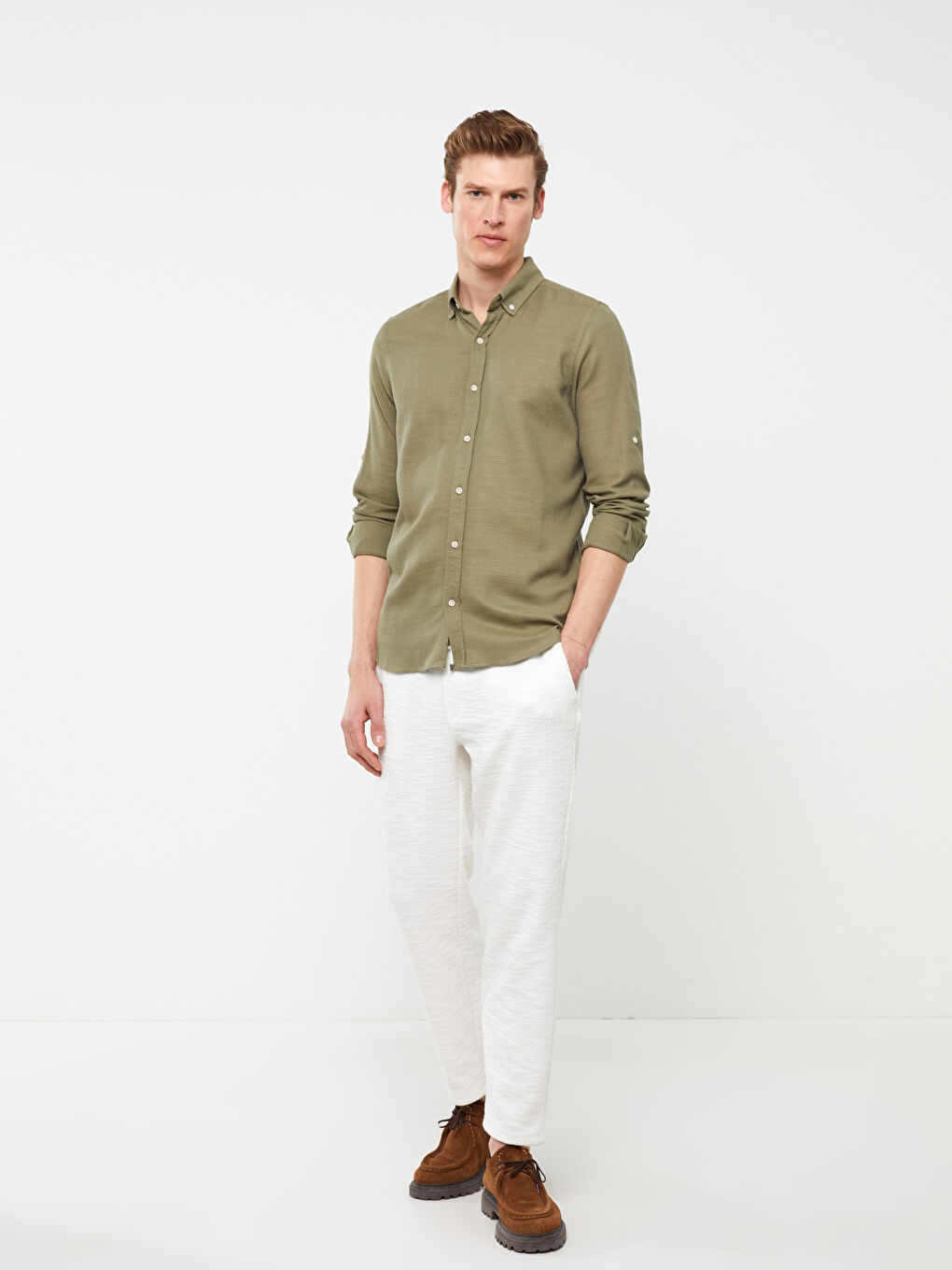 Haki Slim Fit Uzun Kollu Erkek Gömlek-2