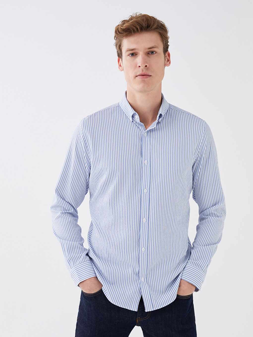 Mavi Slim Fit Uzun Kollu Çizgili Erkek Gömlek