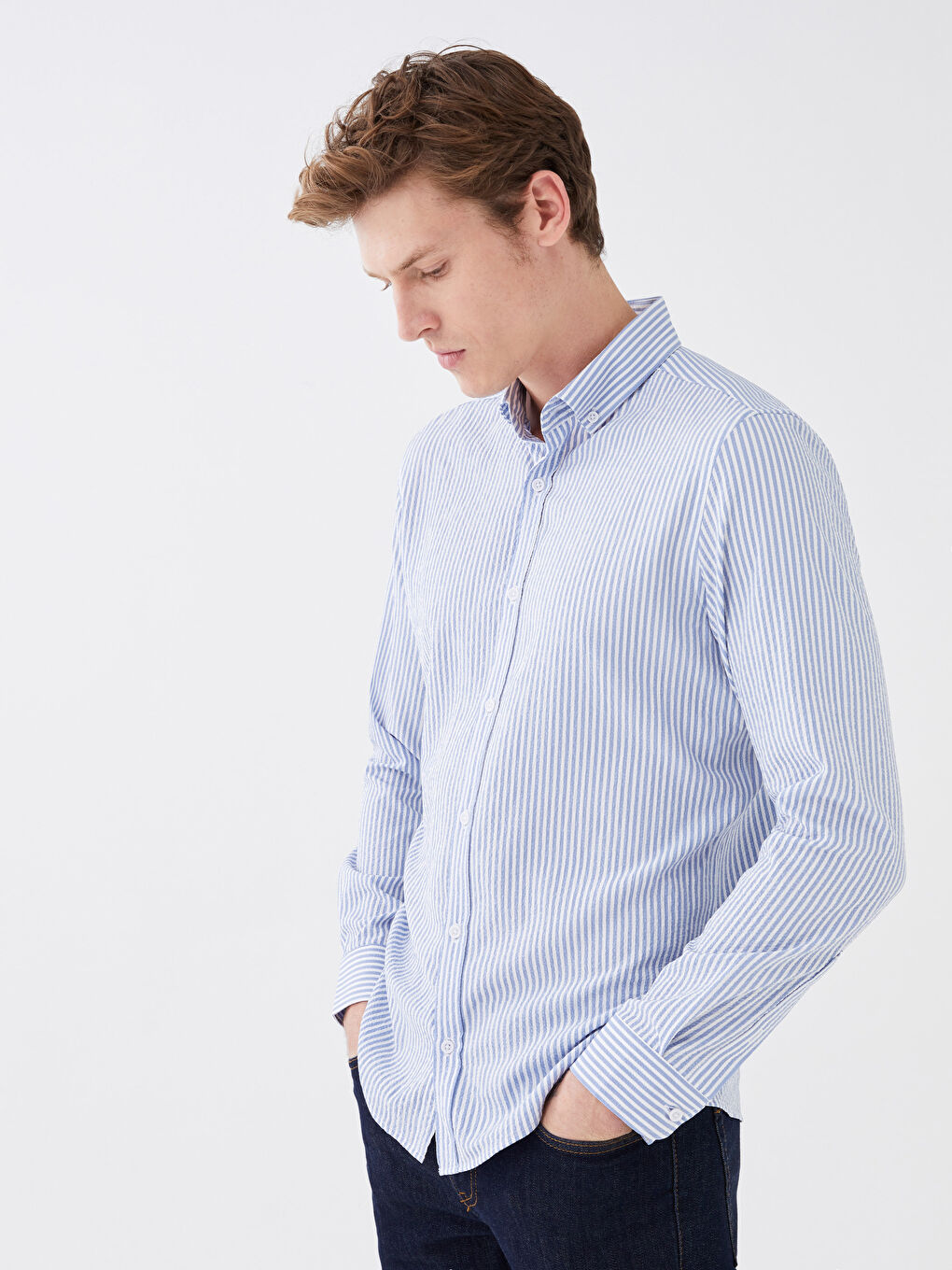 Mavi Slim Fit Uzun Kollu Çizgili Erkek Gömlek-1