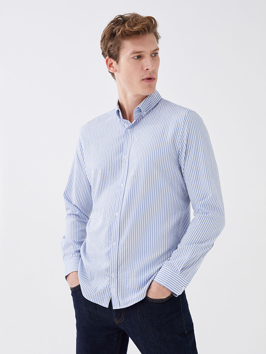 Mavi Slim Fit Uzun Kollu Çizgili Erkek Gömlek-2