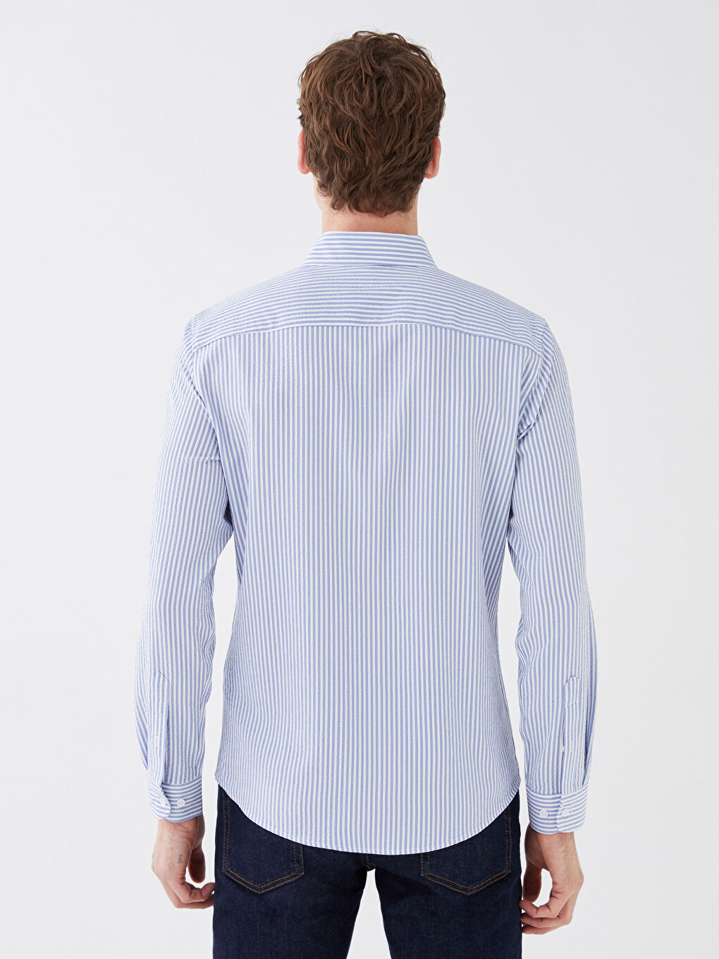 Mavi Slim Fit Uzun Kollu Çizgili Erkek Gömlek-5