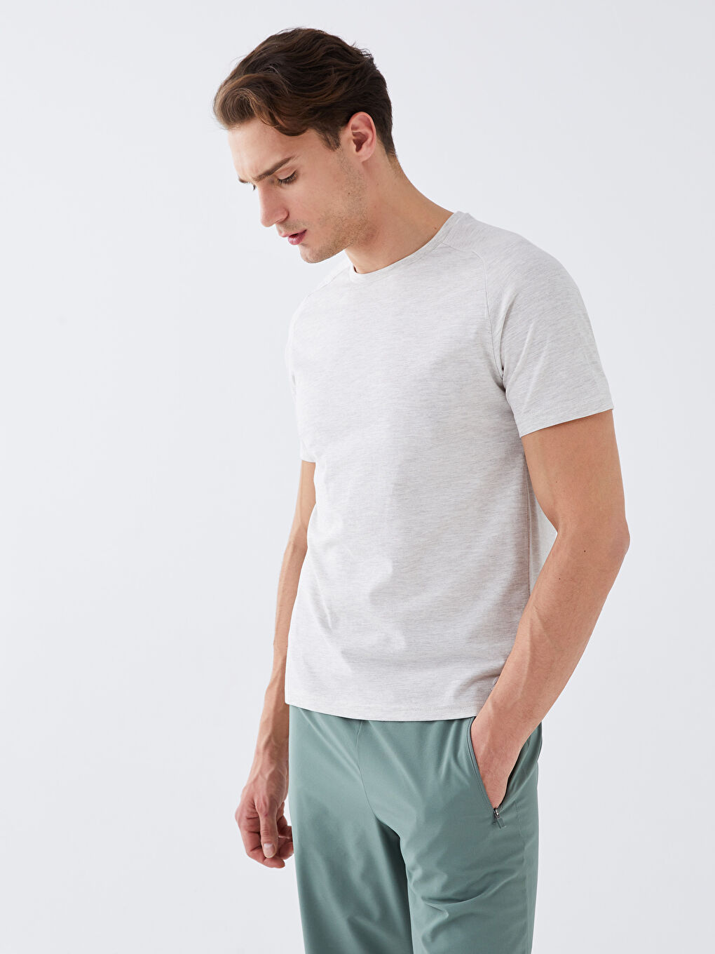 Bej Bisiklet Yaka Kısa Kollu Erkek Tişört-1