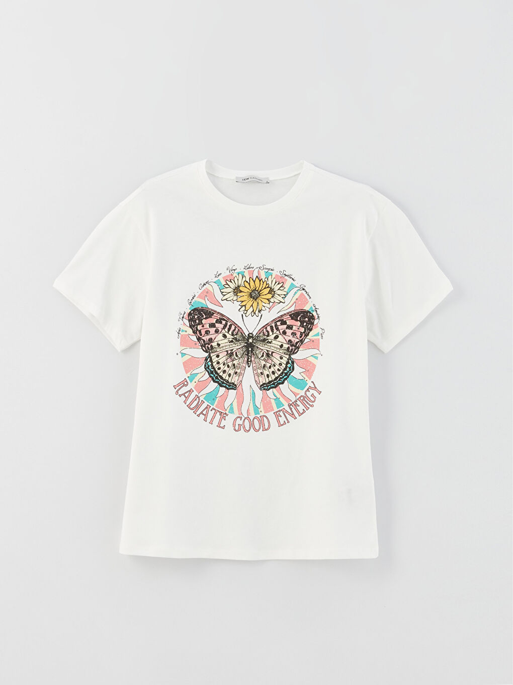 Ekru Kadın Bisiklet Yaka Baskılı Kısa Kollu Tişört-5