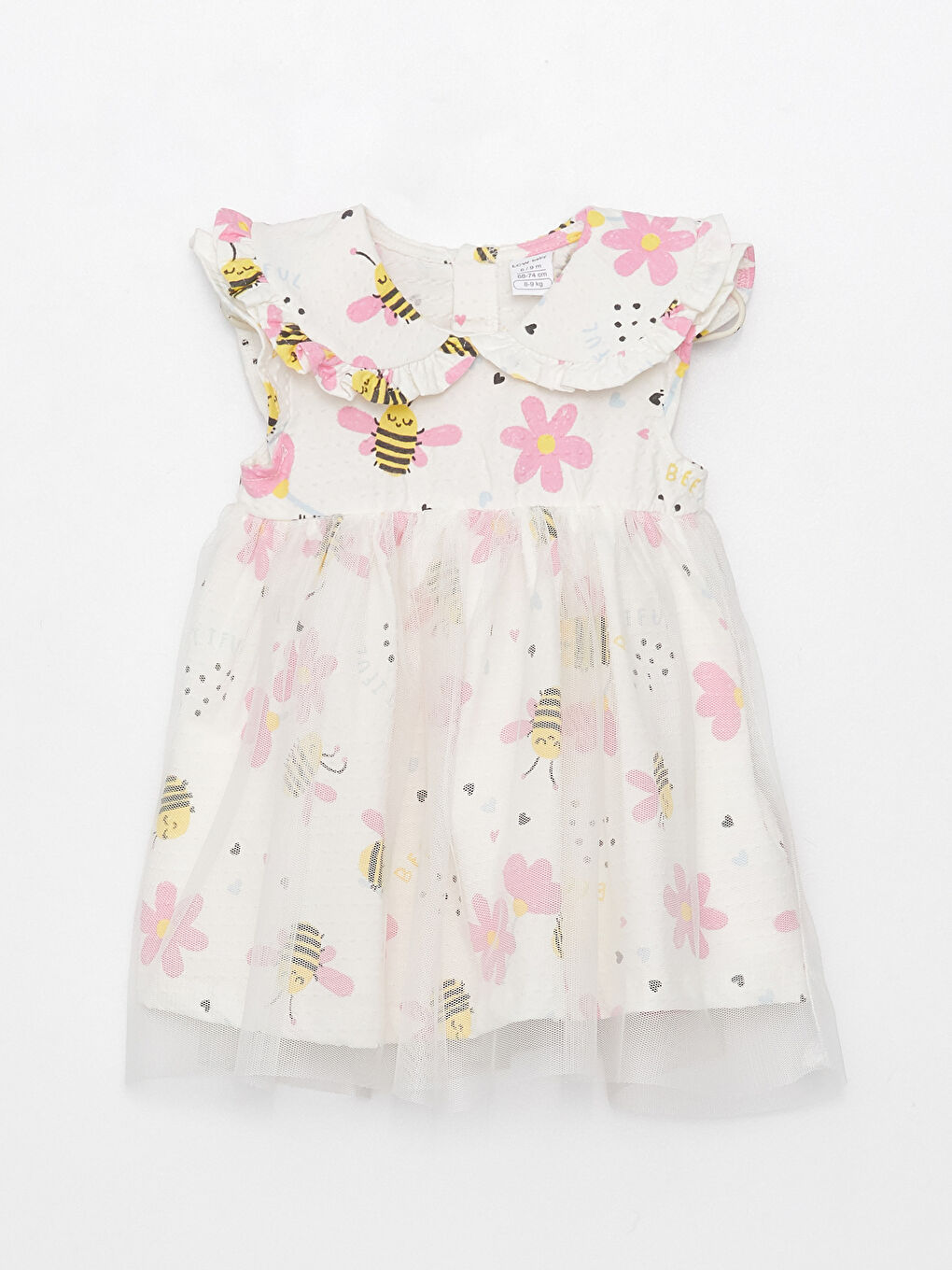 Ekru Bebe Yaka Baskılı Kız Bebek Elbise