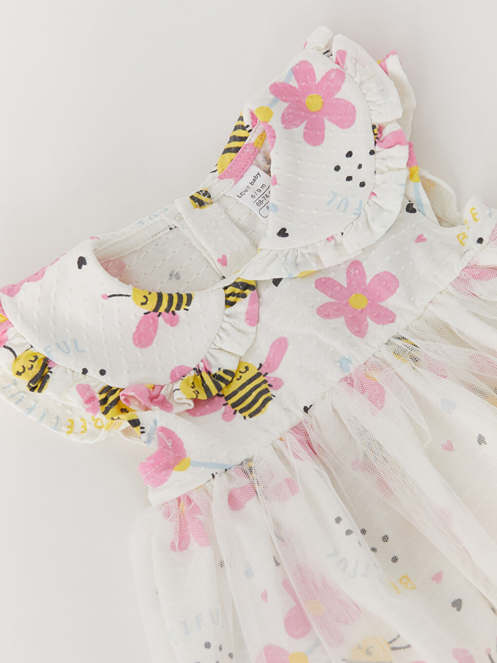 Ekru Bebe Yaka Baskılı Kız Bebek Elbise-1