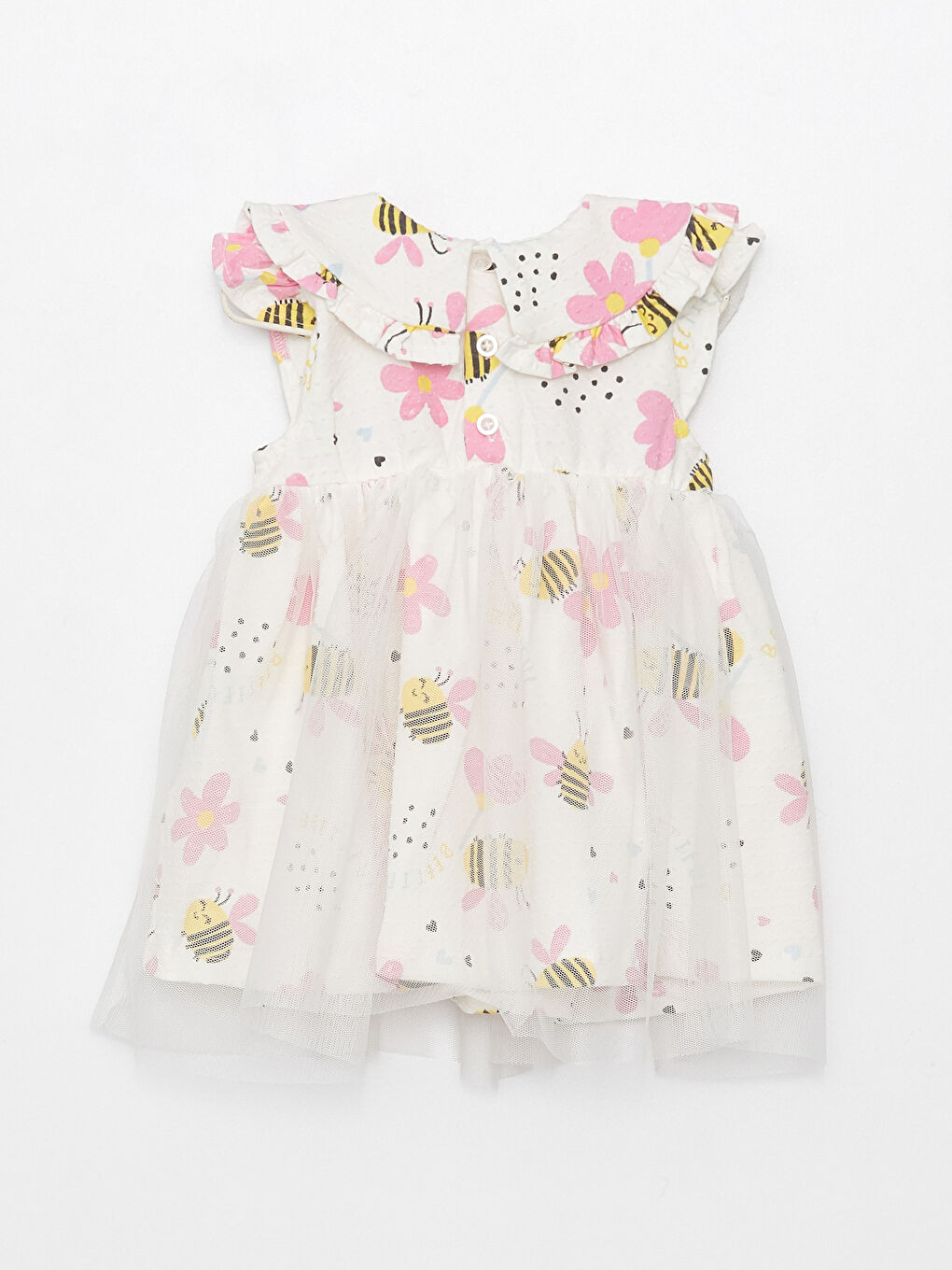 Ekru Bebe Yaka Baskılı Kız Bebek Elbise-2