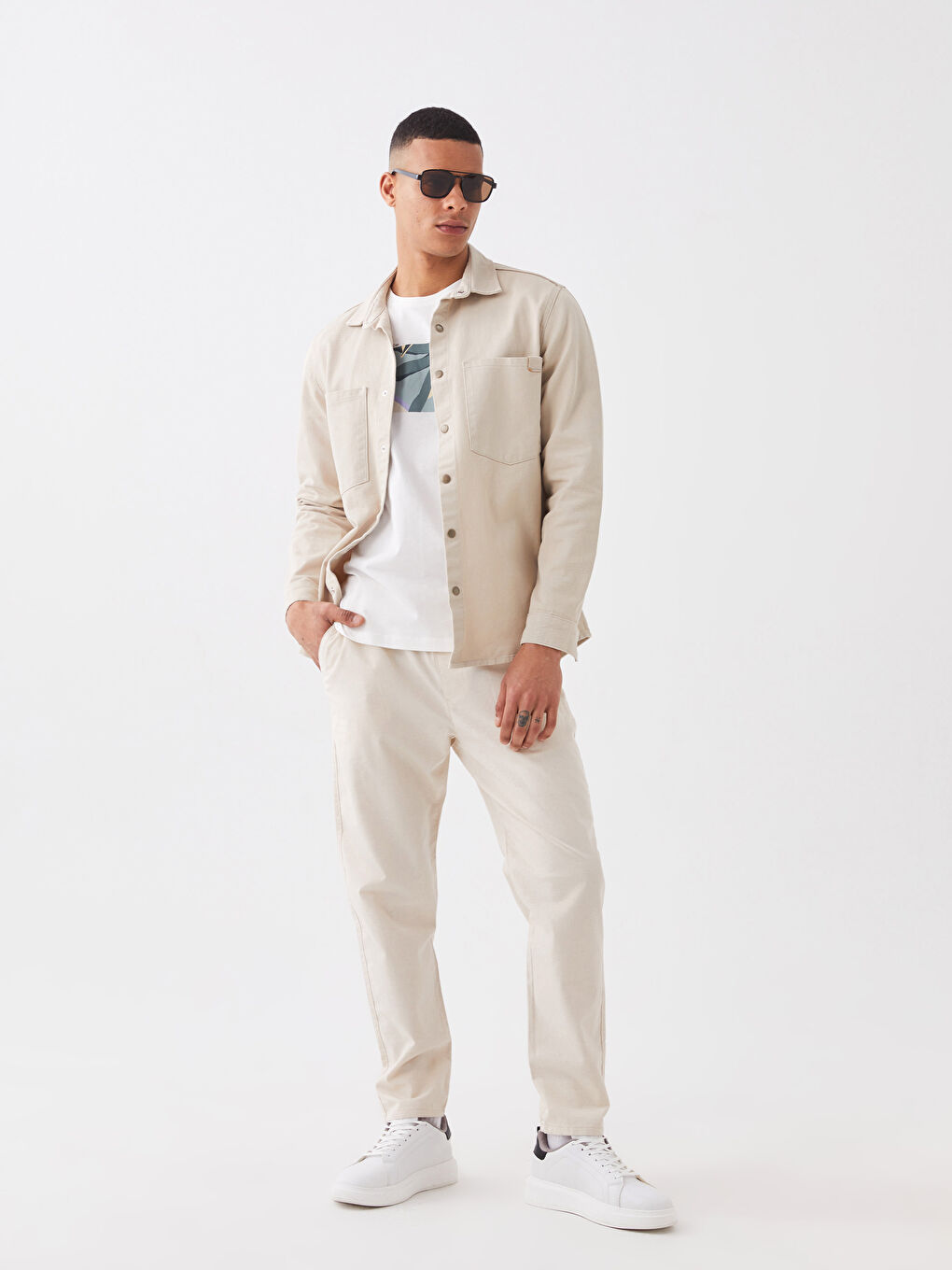 Bej Slim Fit Keten Karışımlı Erkek Pantolon-1