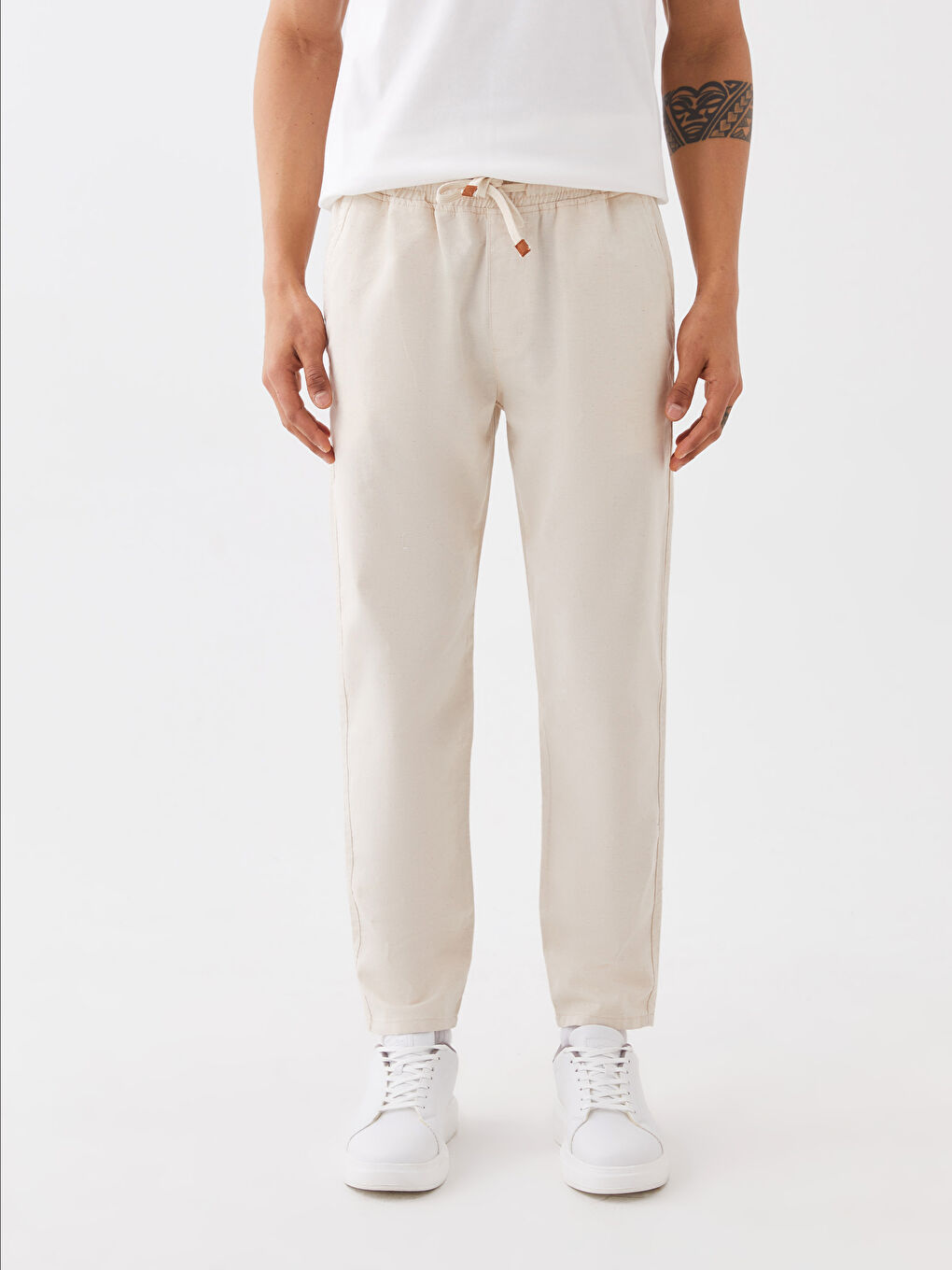 Bej Slim Fit Keten Karışımlı Erkek Pantolon-3