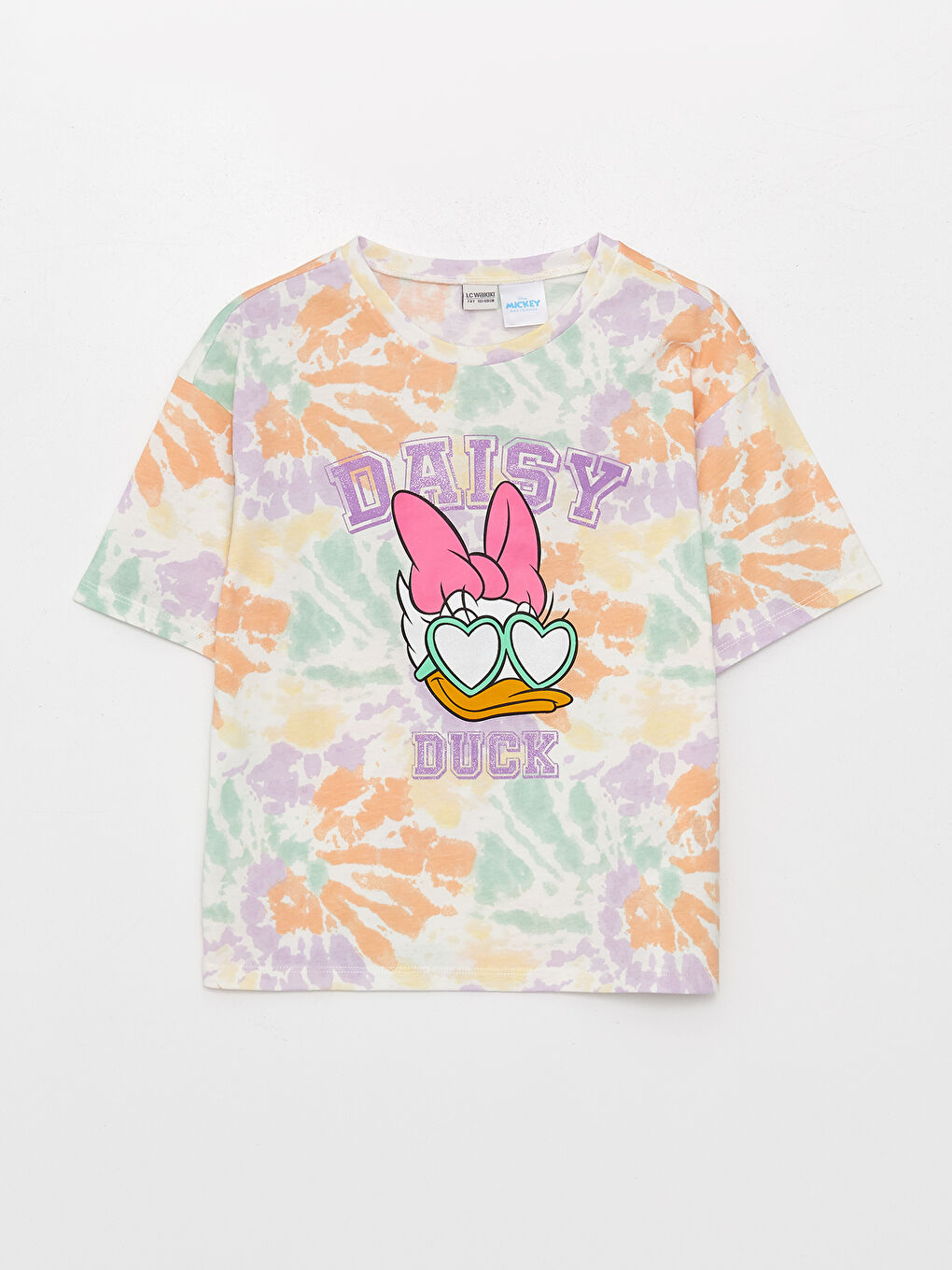 Karışık Bisiklet Yaka Daisy Duck Baskılı Kısa Kollu Pamuklu Kız Çocuk Tişört