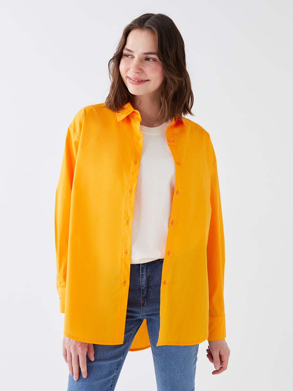 Turuncu Düz Uzun Kollu Kadın Oversize Gömlek