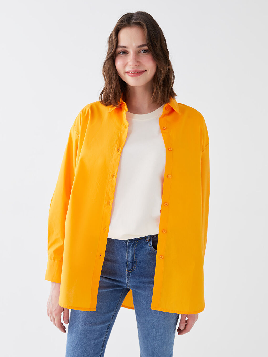 Turuncu Düz Uzun Kollu Kadın Oversize Gömlek-1