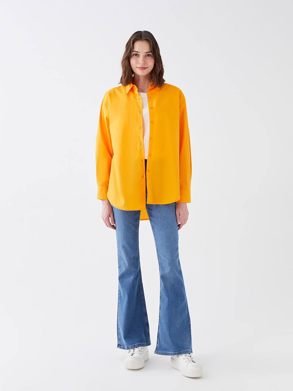 Turuncu Düz Uzun Kollu Kadın Oversize Gömlek-2