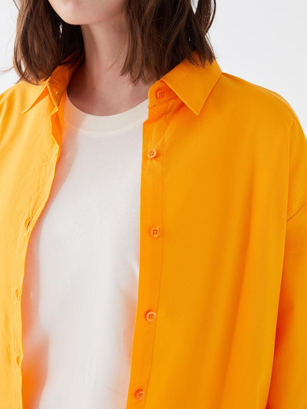 Turuncu Düz Uzun Kollu Kadın Oversize Gömlek-3