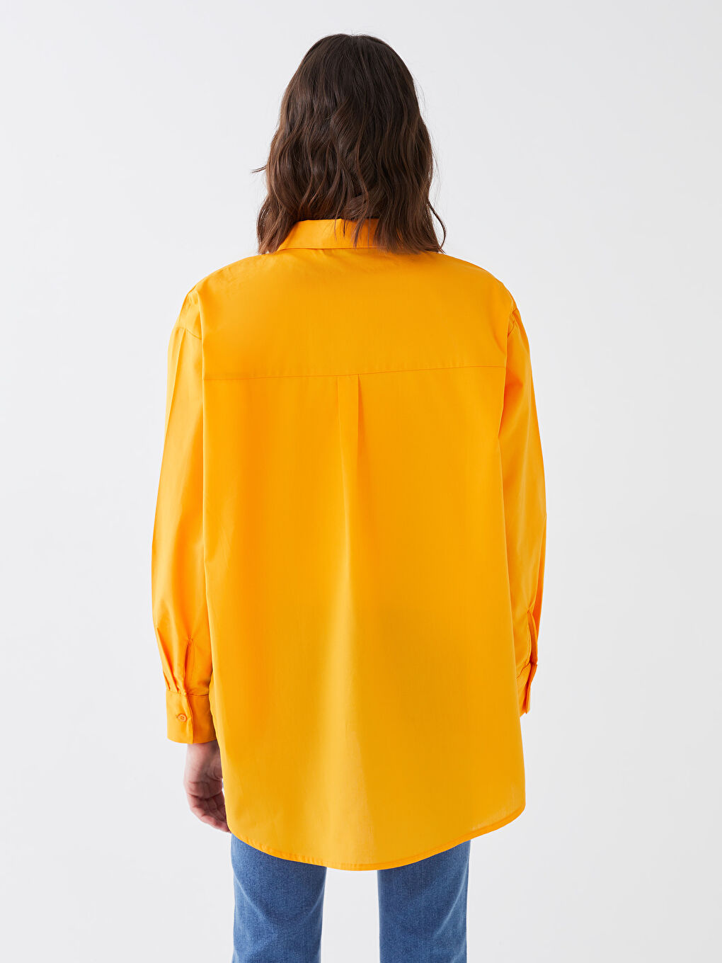 Turuncu Düz Uzun Kollu Kadın Oversize Gömlek-4