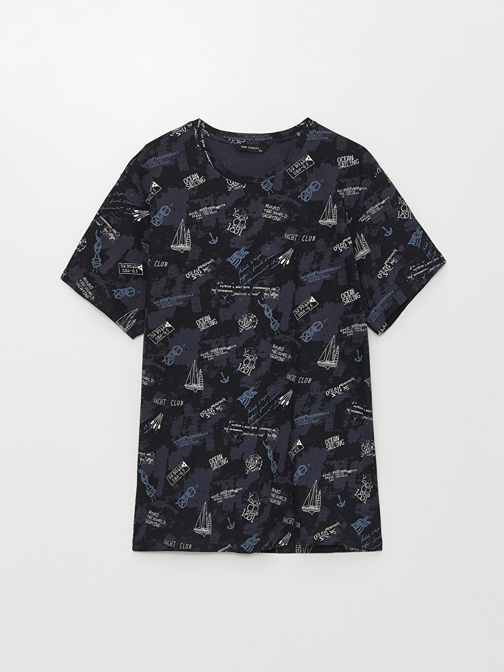 Lacivert Bisiklet Yaka Kısa Kollu Desenli Penye Erkek Tişört