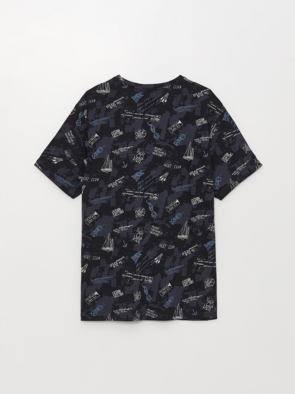 Lacivert Bisiklet Yaka Kısa Kollu Desenli Penye Erkek Tişört-1