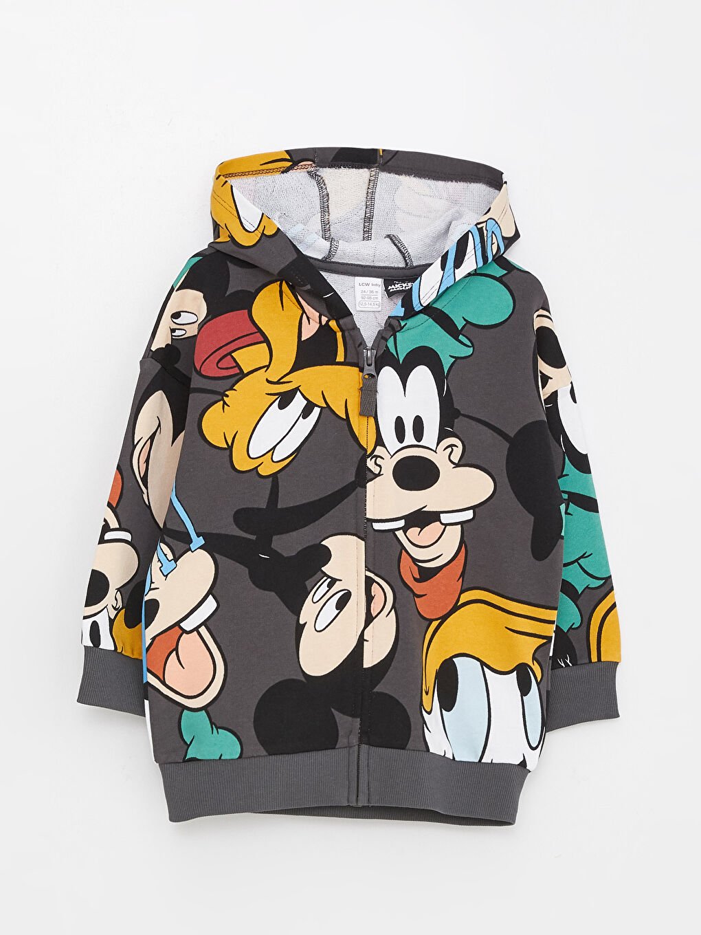 LCW baby Gri Kapüşonlu Uzun Kollu Mickey Mouse Baskılı Erkek Bebek Fermuarlı Sweatshirt