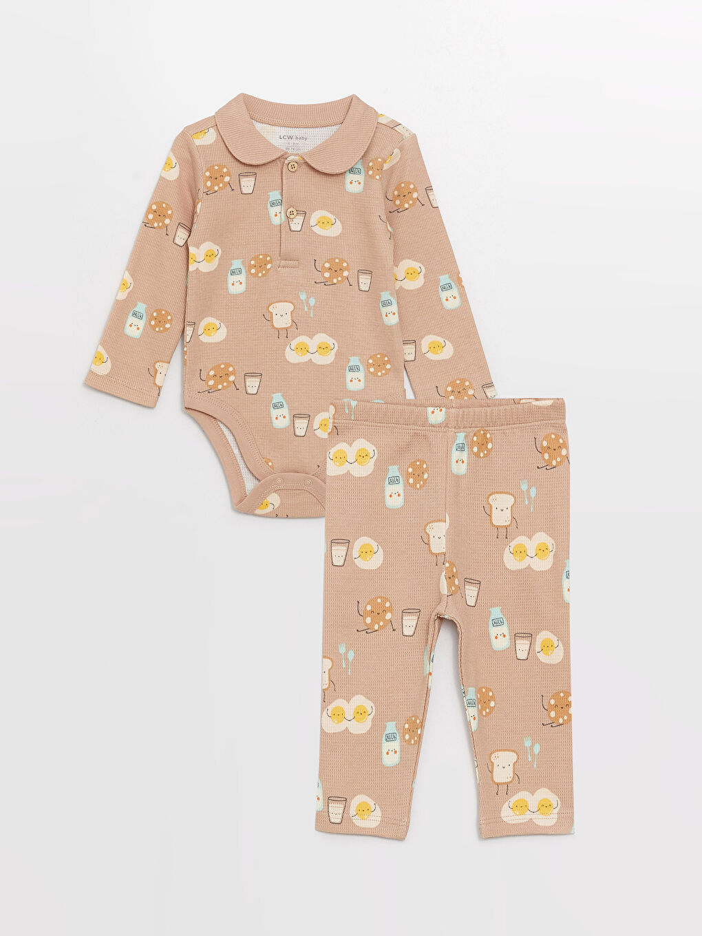 Polo Collar Patterned Long Sleeved Baby Boy with Snap Fastener Body and Trousers 2-Piece Set