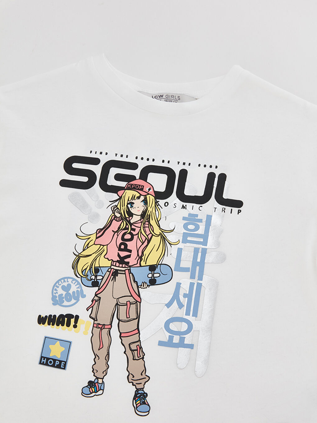 Beyaz Bisiklet Yaka Baskılı Kısa Kollu Kız Çocuk Tişört-2