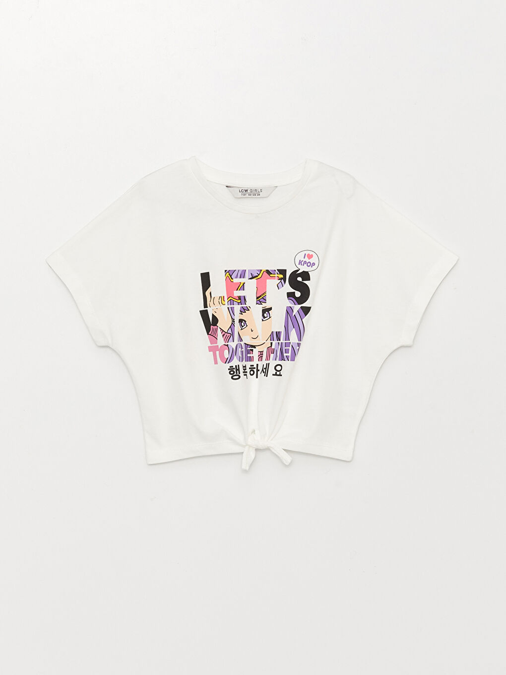 Ekru Bisiklet Yaka K-Pop Baskılı Kısa Kollu Pamuklu Kız Çocuk Tişört