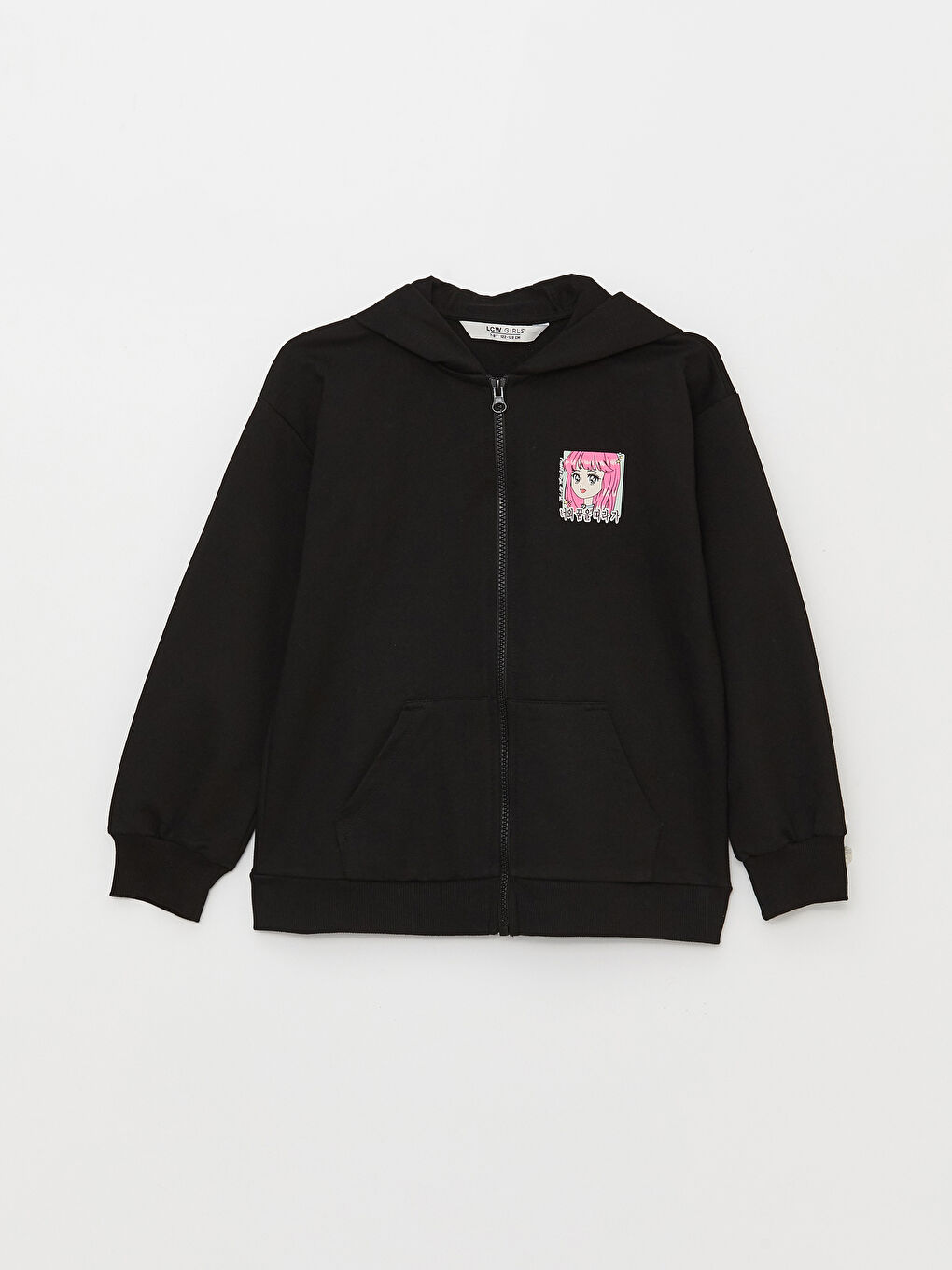 Siyah Kapüşonlu K-Pop Baskılı Uzun Kollu Kız Çocuk Fermuarlı Sweatshirt