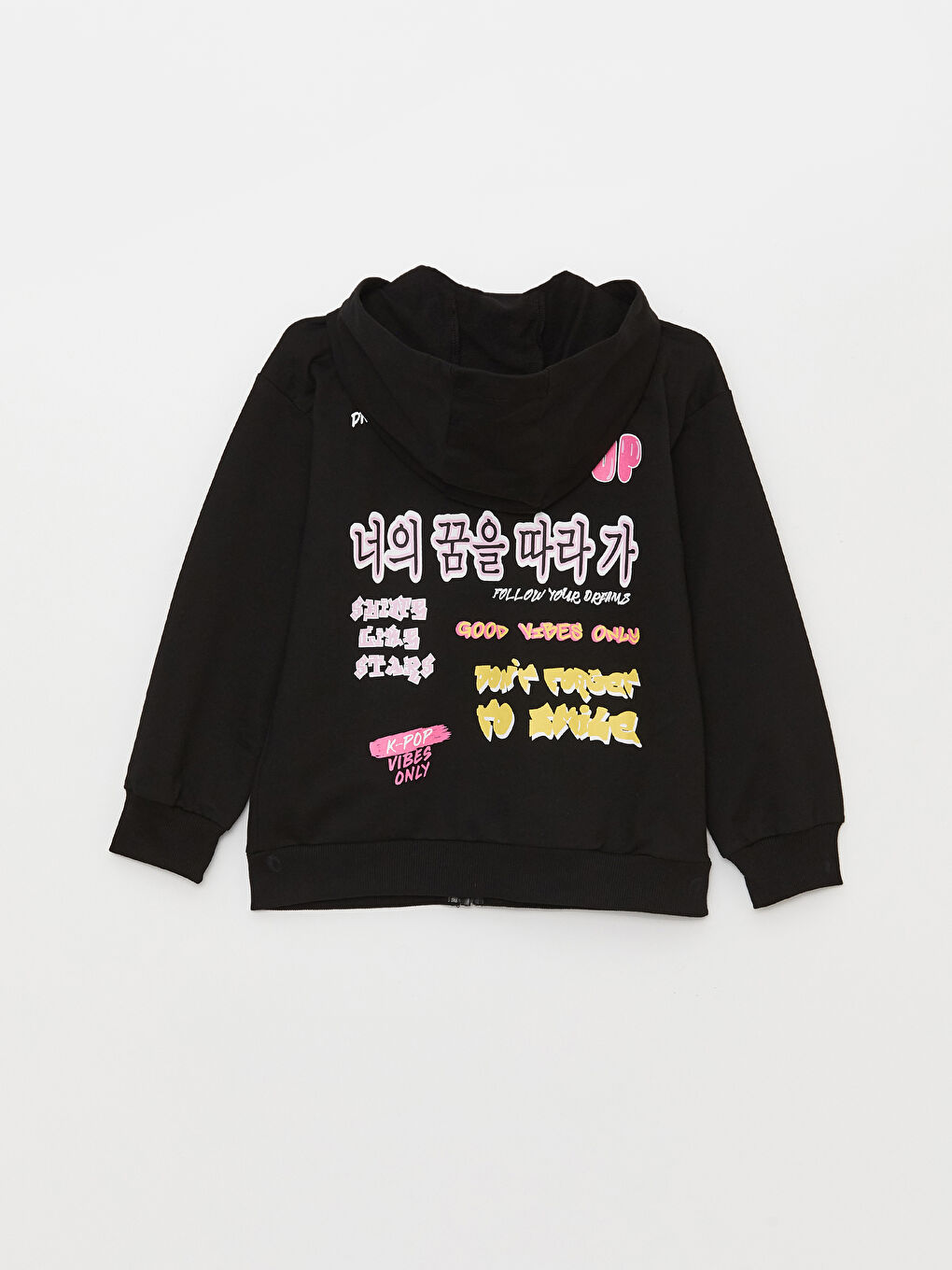 Siyah Kapüşonlu K-Pop Baskılı Uzun Kollu Kız Çocuk Fermuarlı Sweatshirt-1