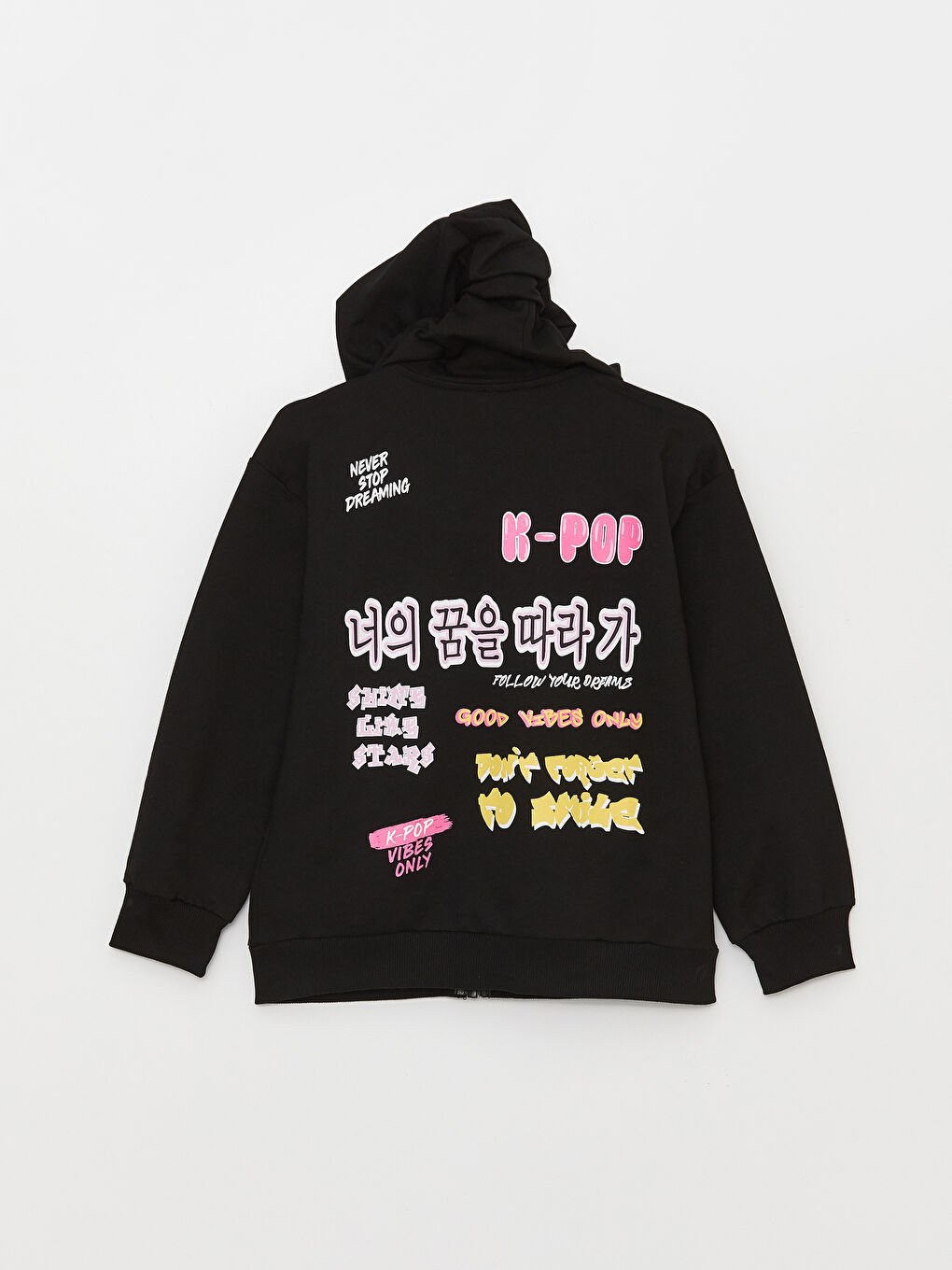 Siyah Kapüşonlu K-Pop Baskılı Uzun Kollu Kız Çocuk Fermuarlı Sweatshirt-2