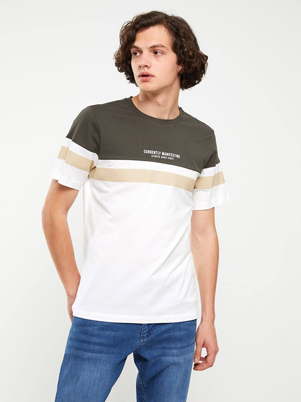 تيشيرت ياقة دائرية كم قصير بلوك الألوان جيرسي للرجال-1