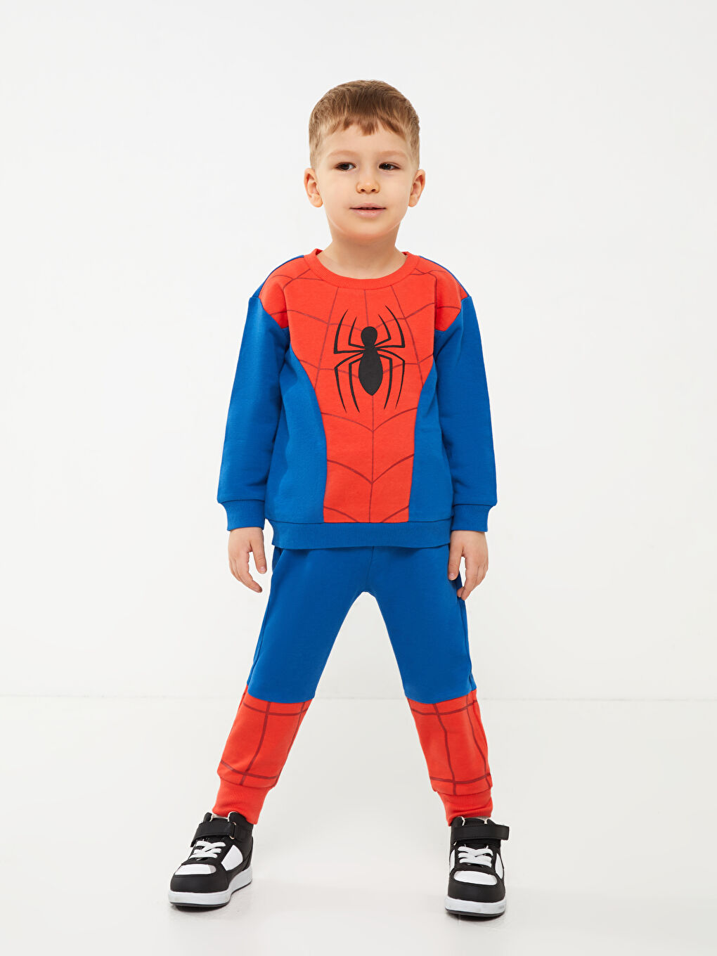 Mavi Bisiklet Yaka Uzun Kollu Spider-Man Baskılı Erkek Bebek Sweatshirt ve Eşofman Alt 2'li Takım-1