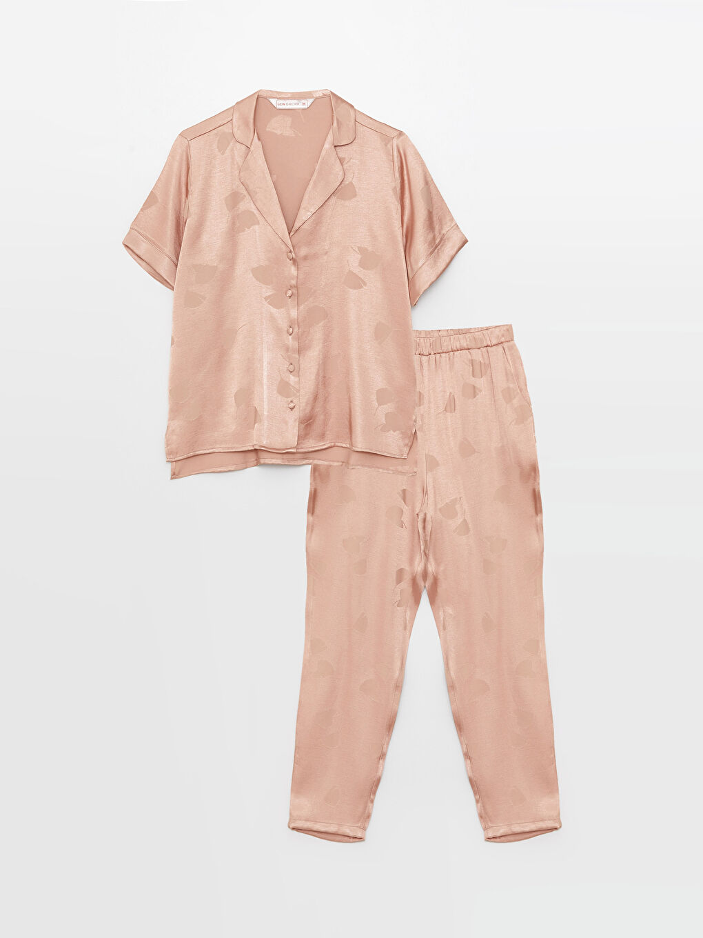 Pembe Gömlek Yaka Desenli Kısa Kollu Saten Kadın Pijama Takımı-8