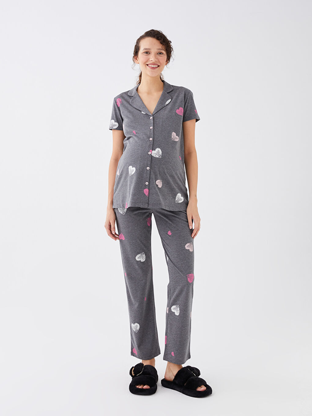 Antrasit Gömlek Yaka Desenli Kısa Kollu Hamile Pijama Takım-4
