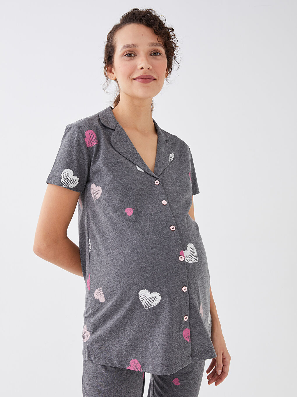 Antrasit Gömlek Yaka Desenli Kısa Kollu Hamile Pijama Takım-5