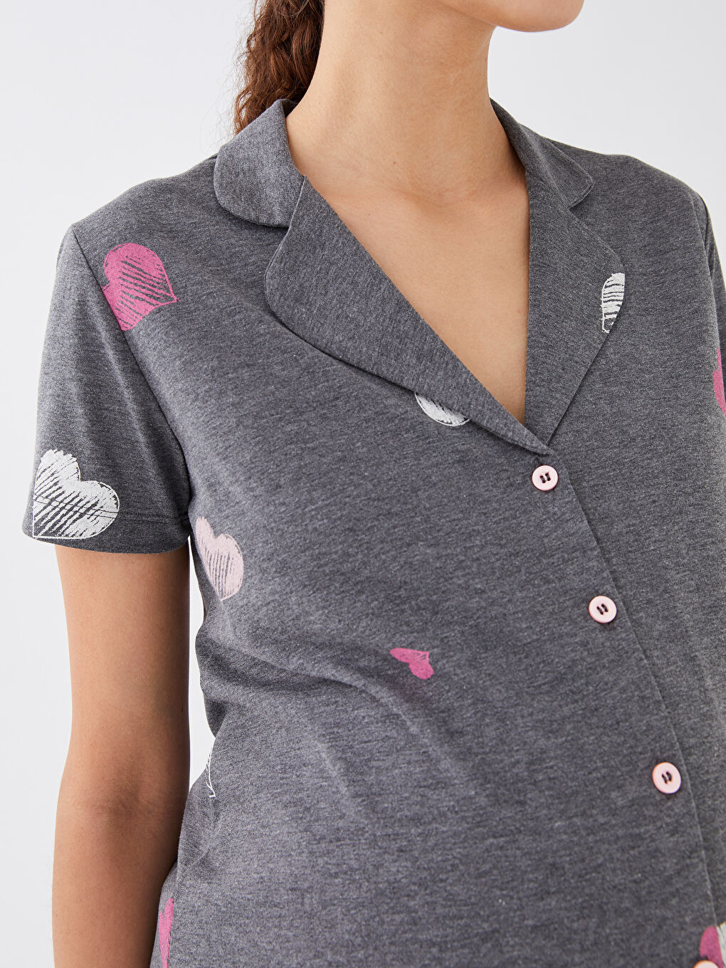 Antrasit Gömlek Yaka Desenli Kısa Kollu Hamile Pijama Takım-6