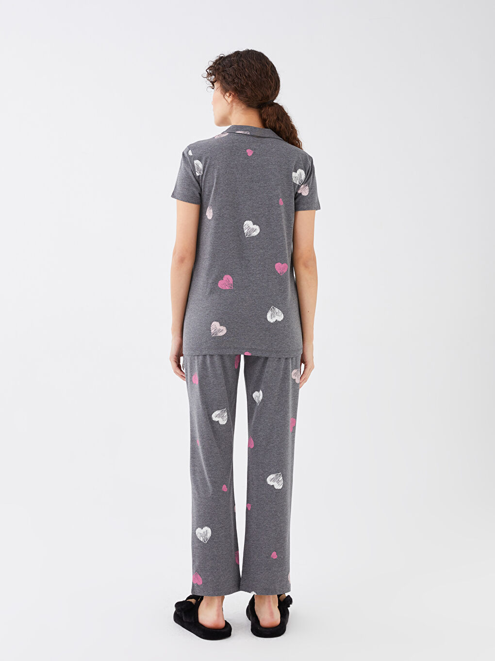 Antrasit Gömlek Yaka Desenli Kısa Kollu Hamile Pijama Takım-7