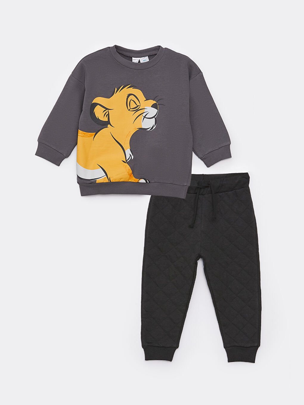 Gri Bisiklet Yaka Uzun Kollu Aslan Kral Baskılı Erkek Bebek Sweatshirt ve Eşofman Alt 2'li Takım