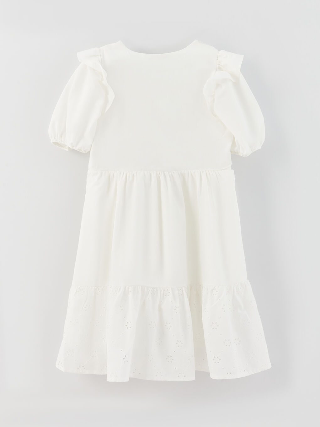 Ekru V Yaka Fisto Detaylı Kısa Kollu Kız Çocuk Elbise-1