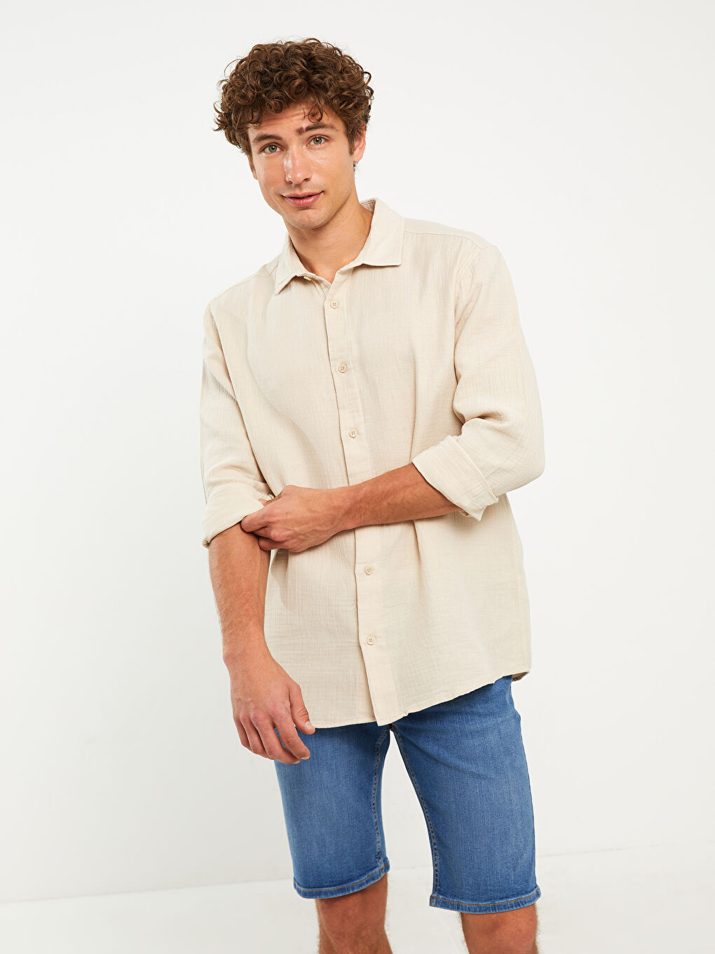 Bej Regular Fit Uzun Kollu Müslin Erkek Gömlek-1