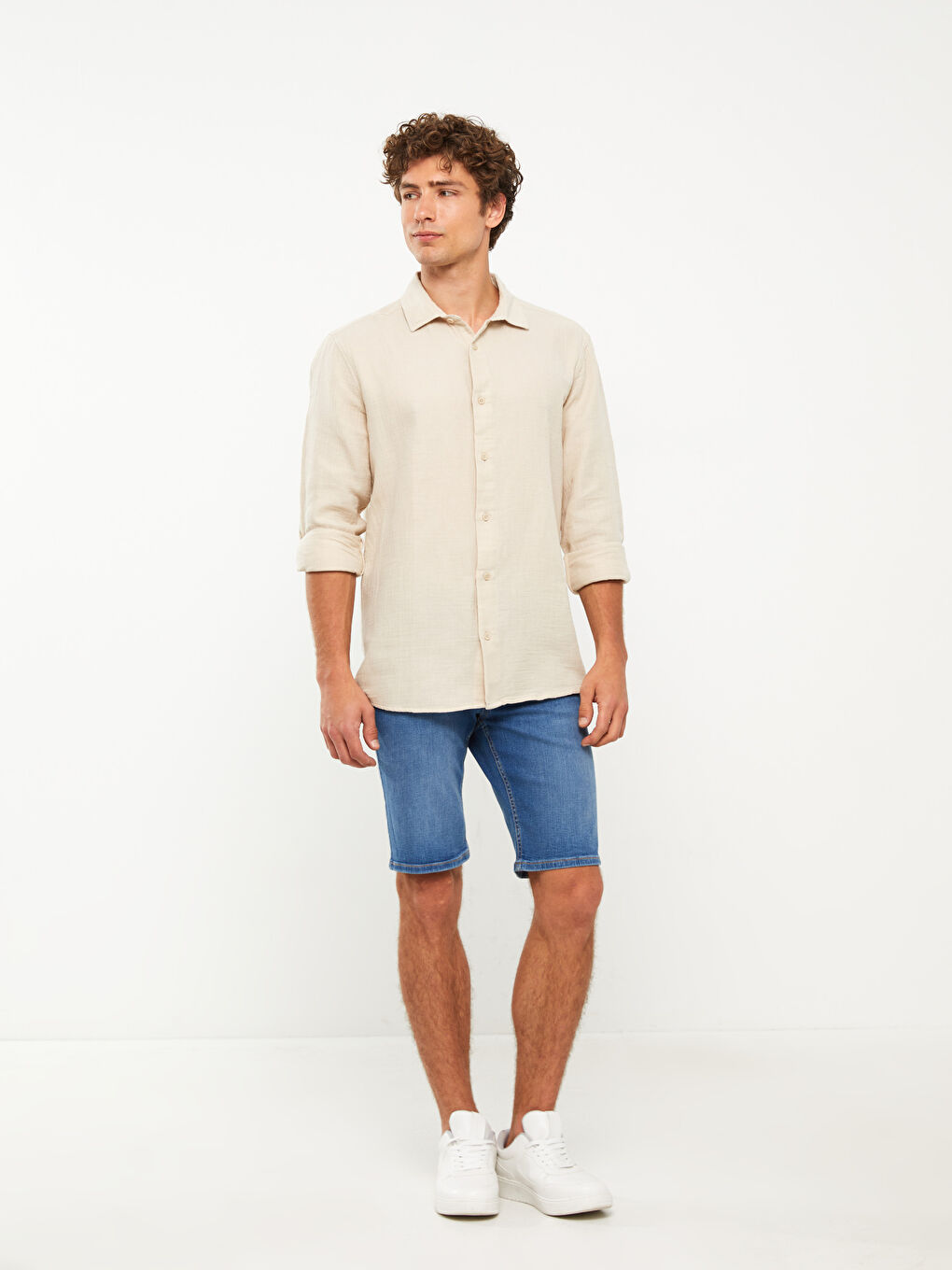 Bej Regular Fit Uzun Kollu Müslin Erkek Gömlek-2