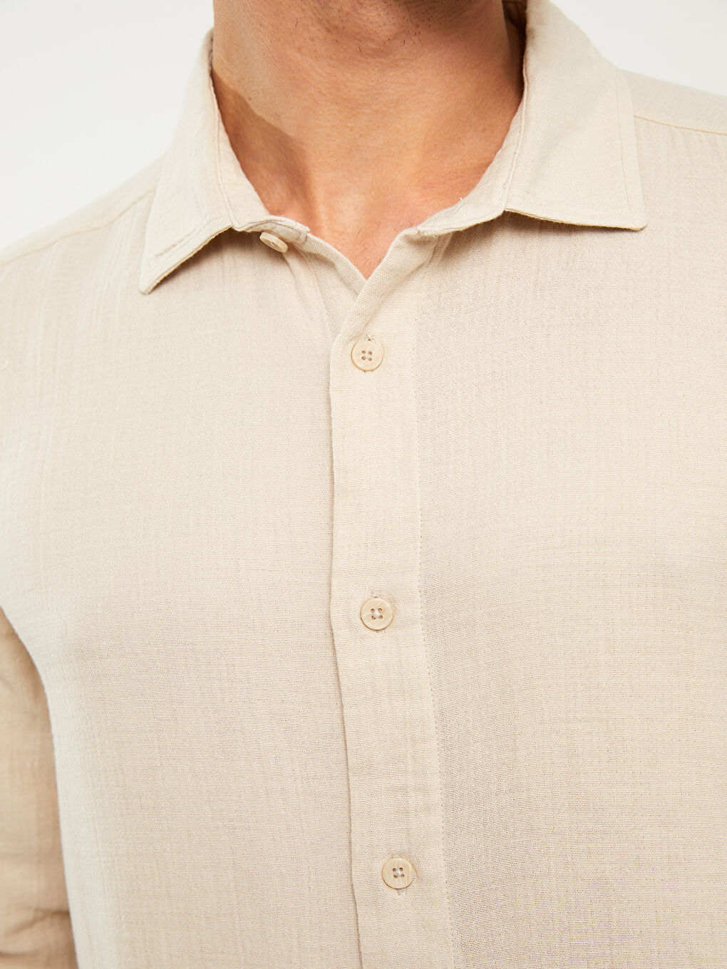 Bej Regular Fit Uzun Kollu Müslin Erkek Gömlek-3