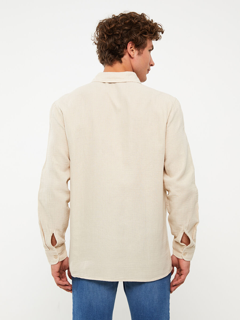 Bej Regular Fit Uzun Kollu Müslin Erkek Gömlek-4