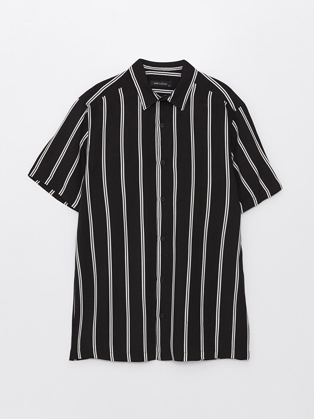 Siyah Regular Fit Kısa Kollu Çizgili Viskon Erkek Gömlek-6