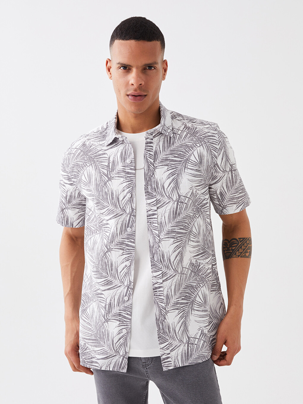 Regular Fit Short Sleeve Patterned Poplin Men's Shirt